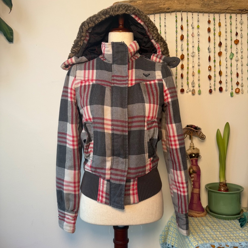 Y2K Roxy Plaid Jacket Grey Red Preppy Mcbling Faux Fur Hood Bomber XS Fall